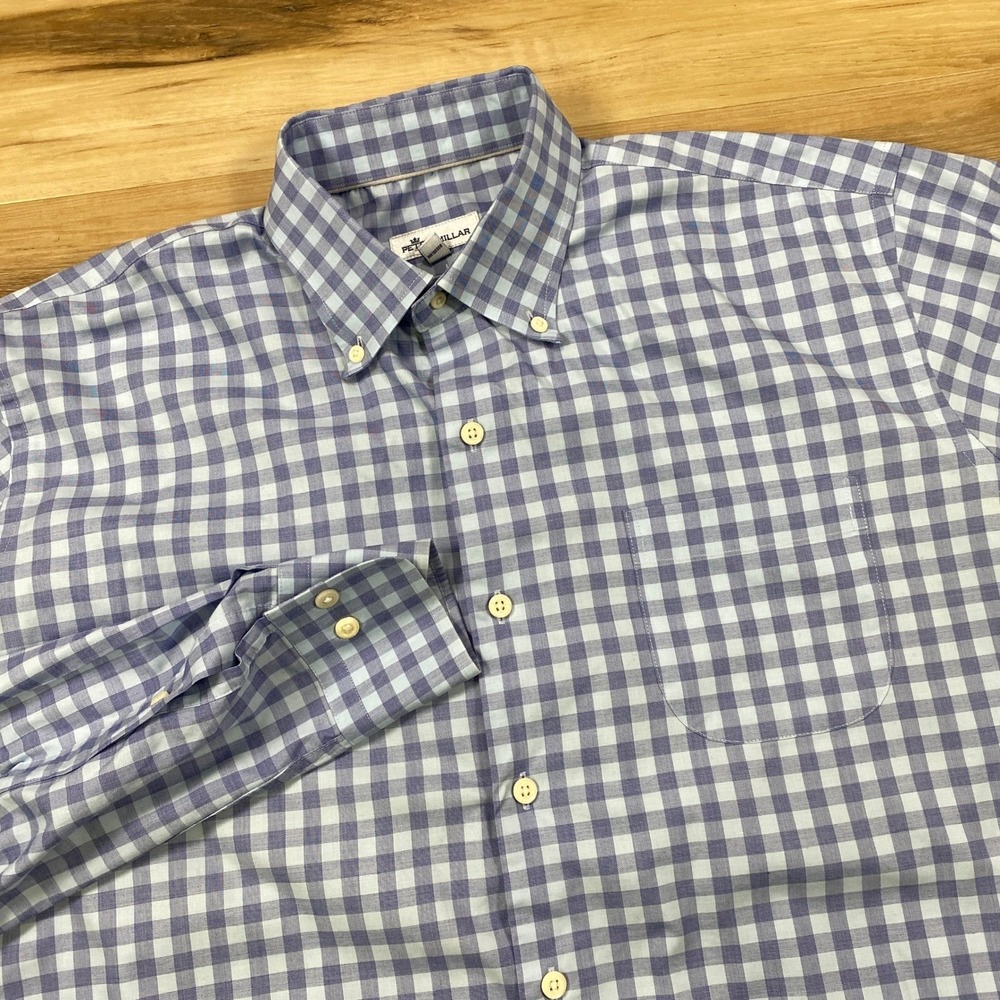 Peter Millar Button Down Mens L Classic Gingham Cotton Blend Stretch Blue White